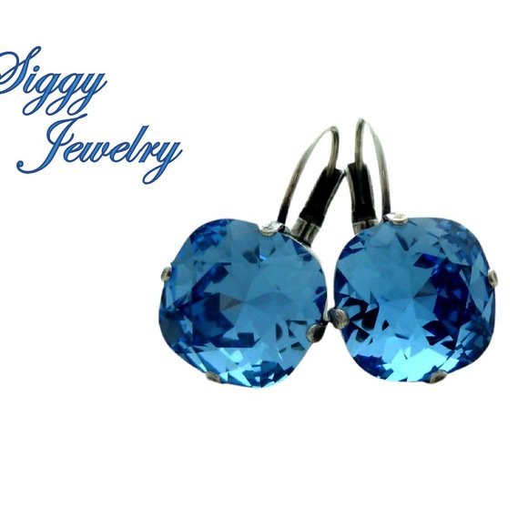 ICE BLUE Cushion Cut Crystal Solitaire Earrings made with Austrian Crystals - Picture 1 of 7